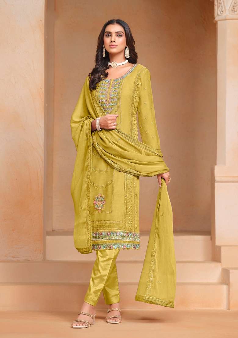 Yellow Embroidered Poly Blend Kurta Set - Indya