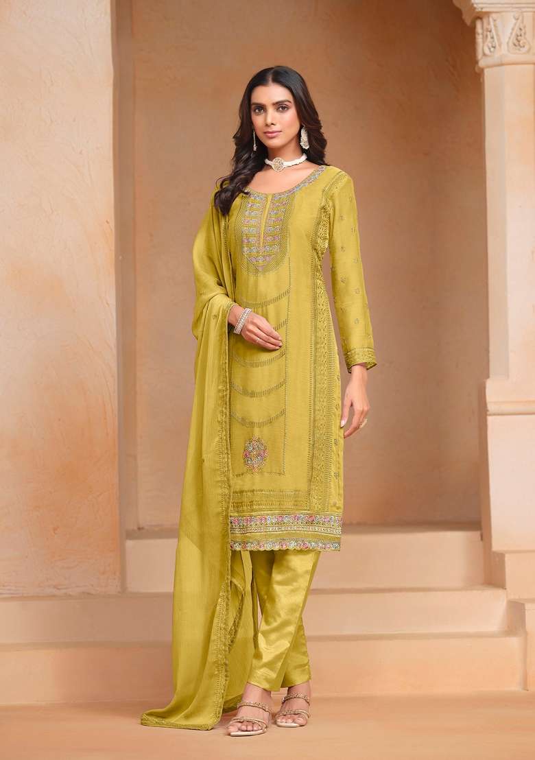 Yellow Embroidered Poly Blend Kurta Set - Indya