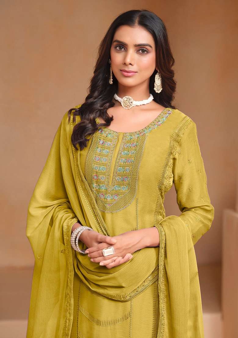 Yellow Embroidered Poly Blend Kurta Set - Indya