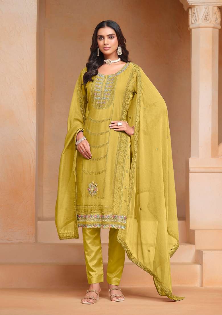 Yellow Embroidered Poly Blend Kurta Set - Indya