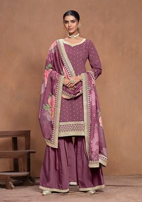 Burgundy Embroidered Poly Blend Kurta Set