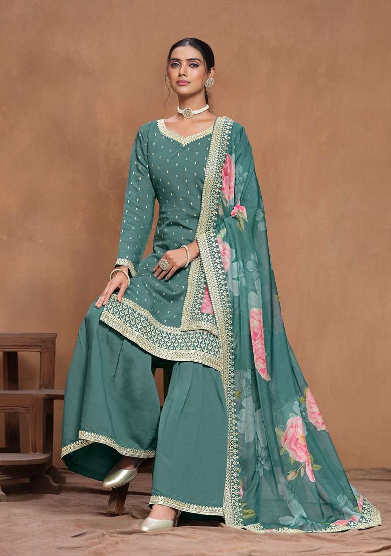 Teal Embroidered Poly Blend Kurta Set - Indya