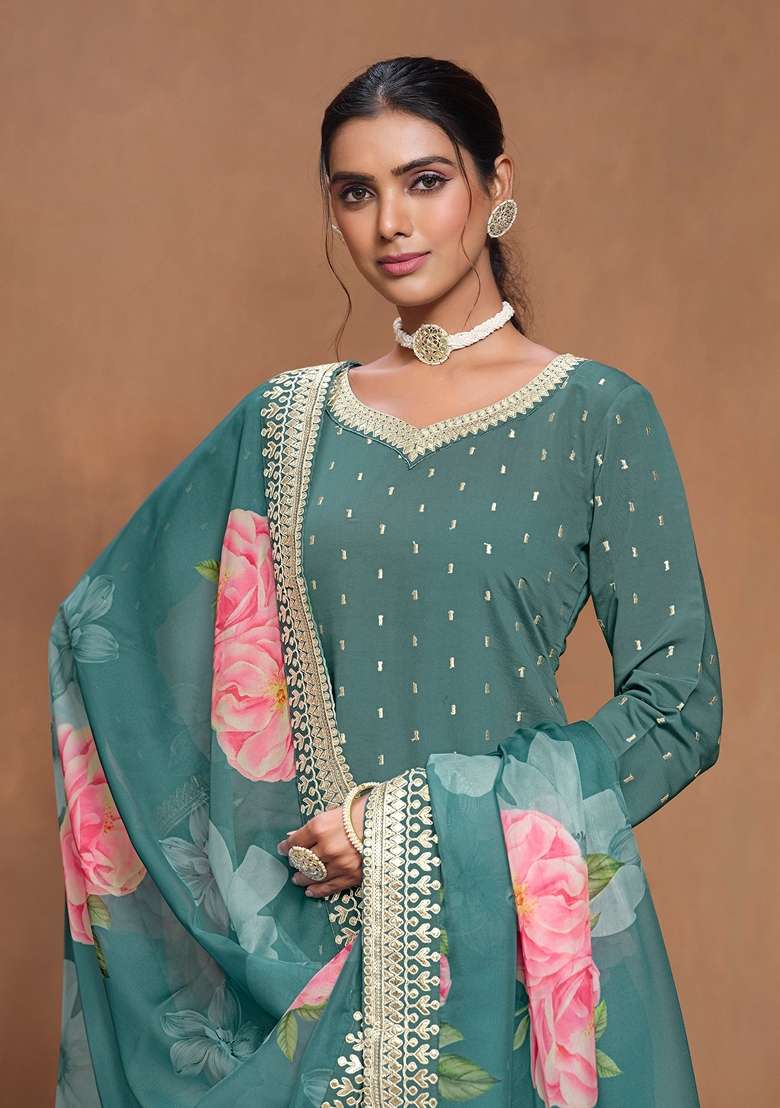 Teal Embroidered Poly Blend Kurta Set - Indya