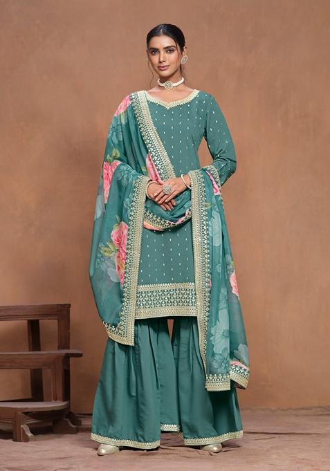 Teal Embroidered Poly Blend Kurta Set