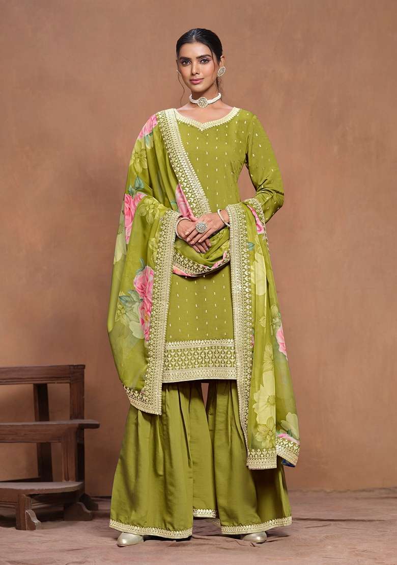 Green Embroidered Poly Blend Kurta Set - Indya