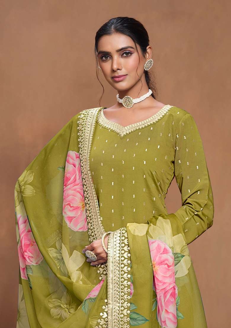 Green Embroidered Poly Blend Kurta Set - Indya
