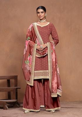 Brown Embroidered Poly Blend Kurta Set