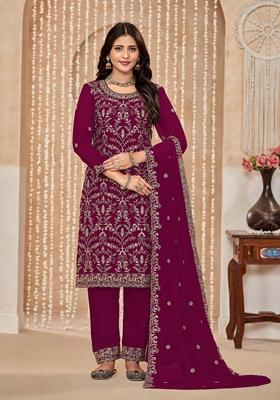 Burgundy Embroidered Poly Blend Kurta Set