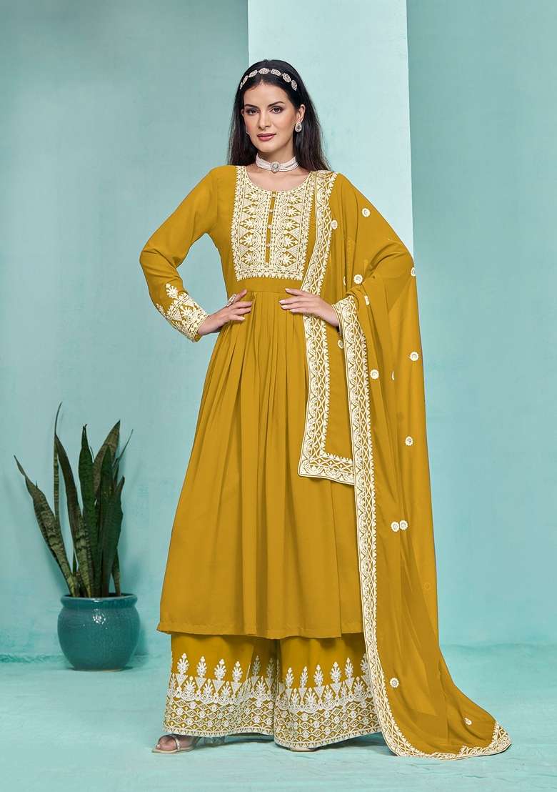 Mustard Embroidered Poly Blend Kurta Set - Indya
