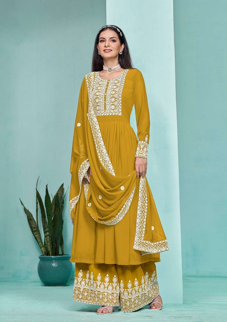 Mustard Embroidered Poly Blend Kurta Set - Indya