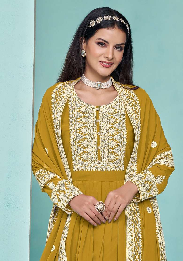 Mustard Embroidered Poly Blend Kurta Set - Indya
