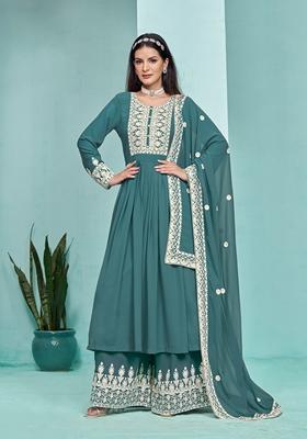 Teal Embroidered Poly Blend Kurta Set