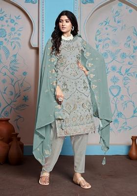 Grey Embroidered Poly Blend Kurta Set