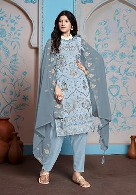 Blue Embroidered Poly Blend Kurta Set