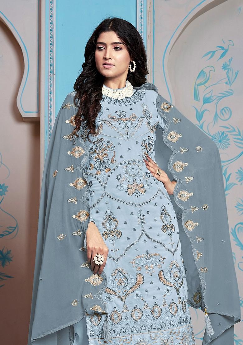 Blue Embroidered Poly Blend Kurta Set
