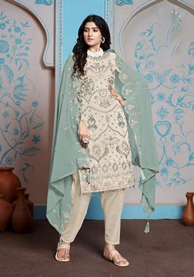 Cream Embroidered Poly Blend Kurta Set