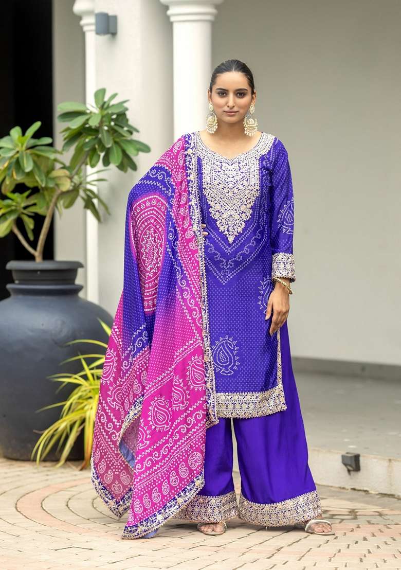 Purple Bandhani Print Poly Blend Kurta Set - Indya