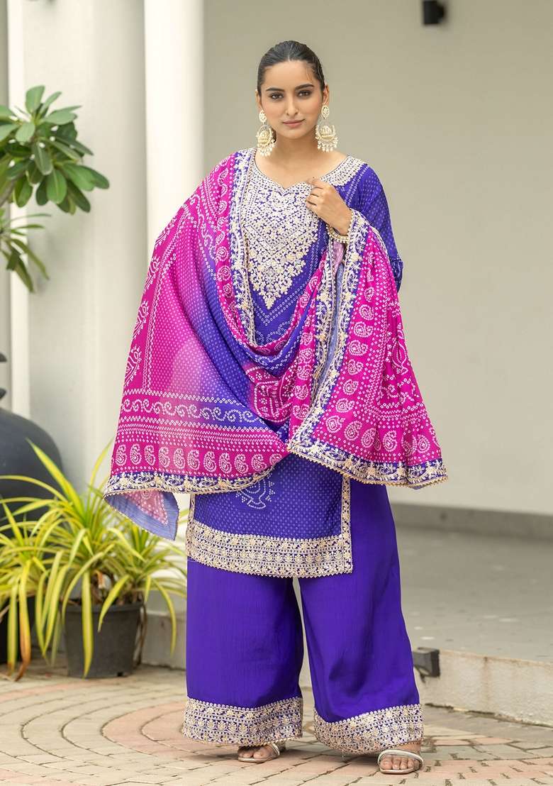 Purple Bandhani Print Poly Blend Kurta Set - Indya