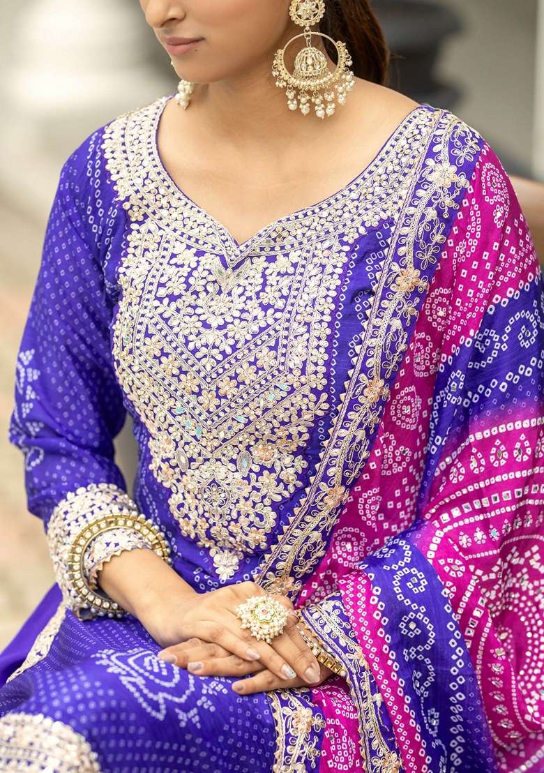 Purple Bandhani Print Poly Blend Kurta Set - Indya