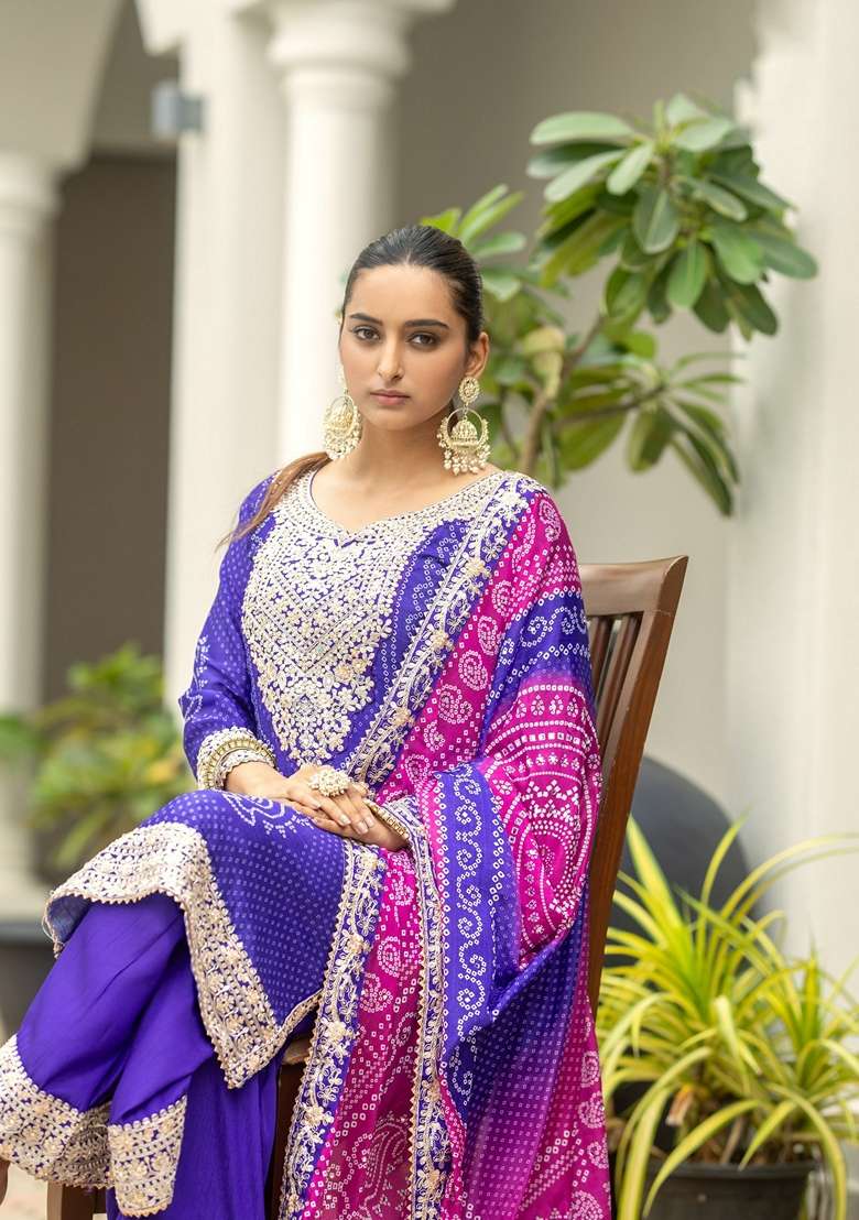 Purple Bandhani Print Poly Blend Kurta Set - Indya