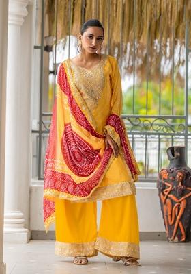 Yellow Bandhani Print Poly Blend Kurta Set