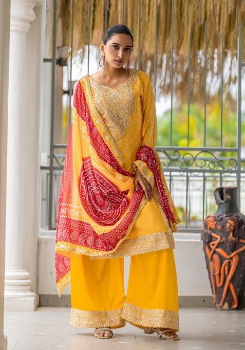 Yellow Bandhani Print Poly Blend Kurta Set