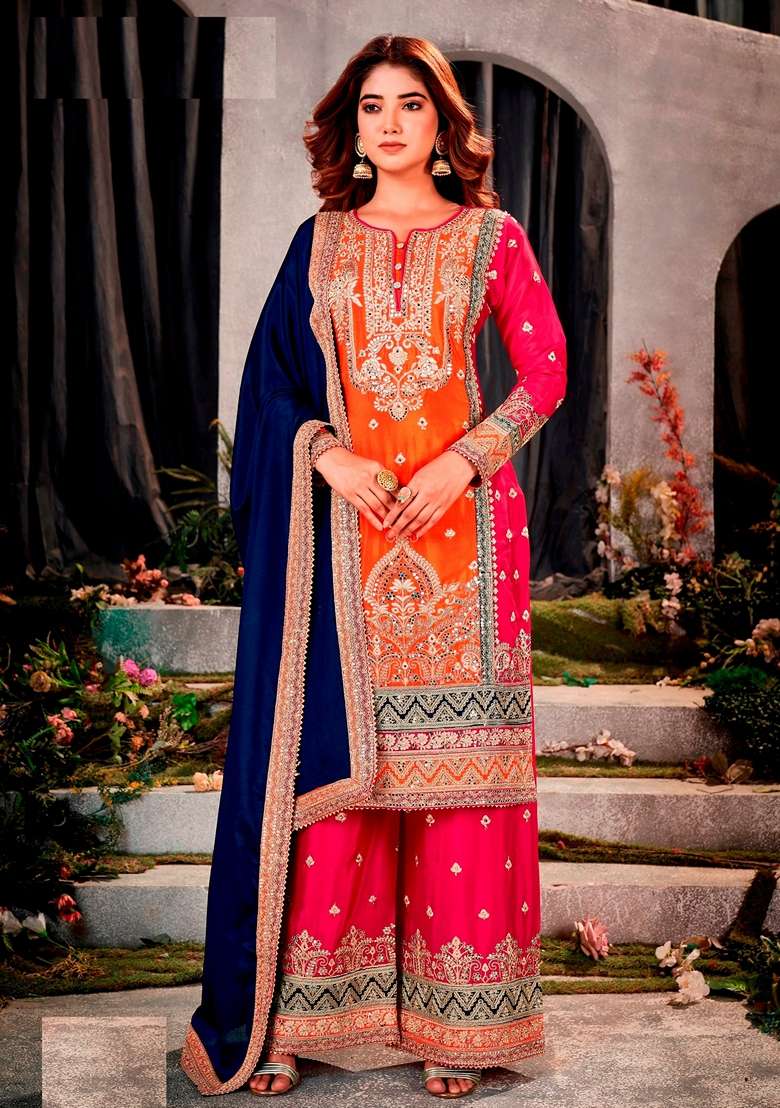 Orange And Red Embroidered Poly Blend Kurta Set - Indya