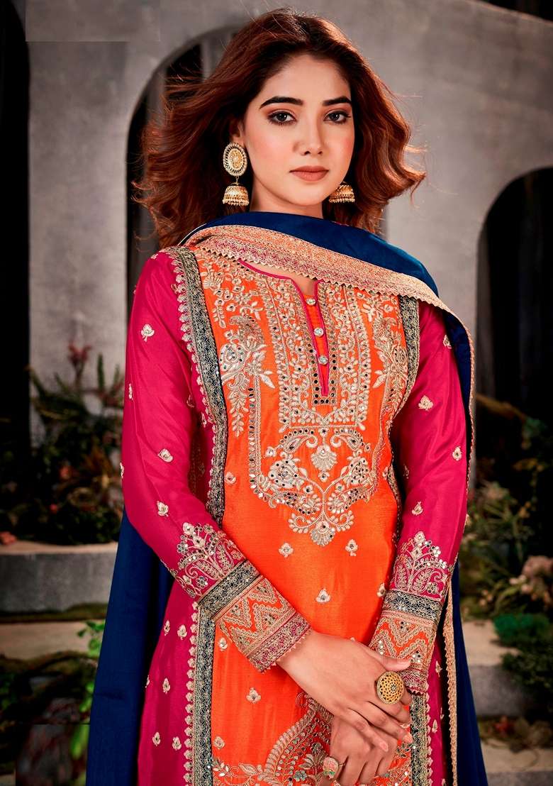 Orange And Red Embroidered Poly Blend Kurta Set - Indya