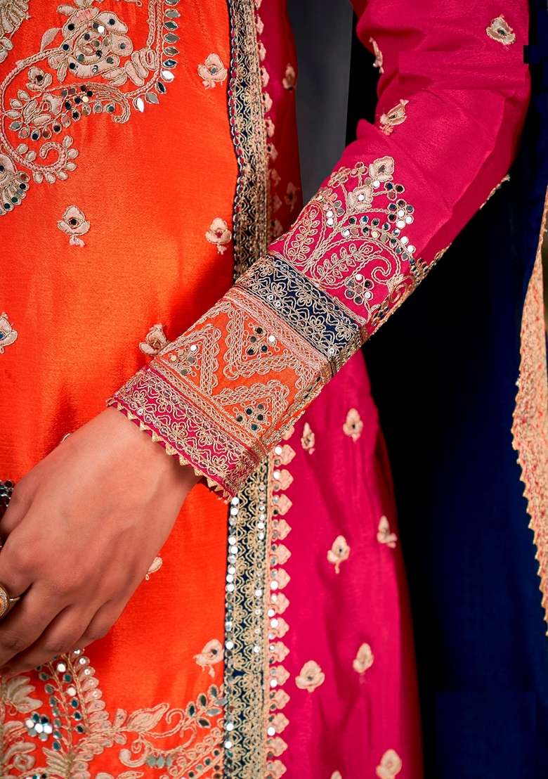 Orange And Red Embroidered Poly Blend Kurta Set - Indya