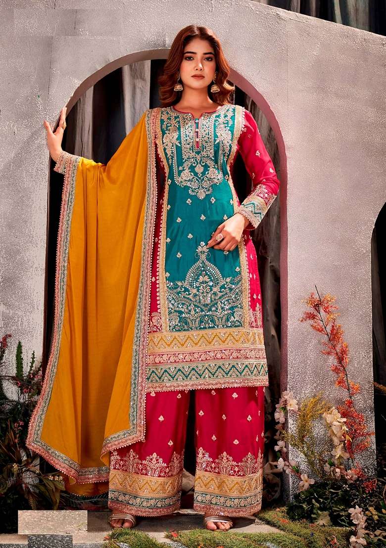 Green And Red Embroidered Poly Blend Kurta Set - Indya