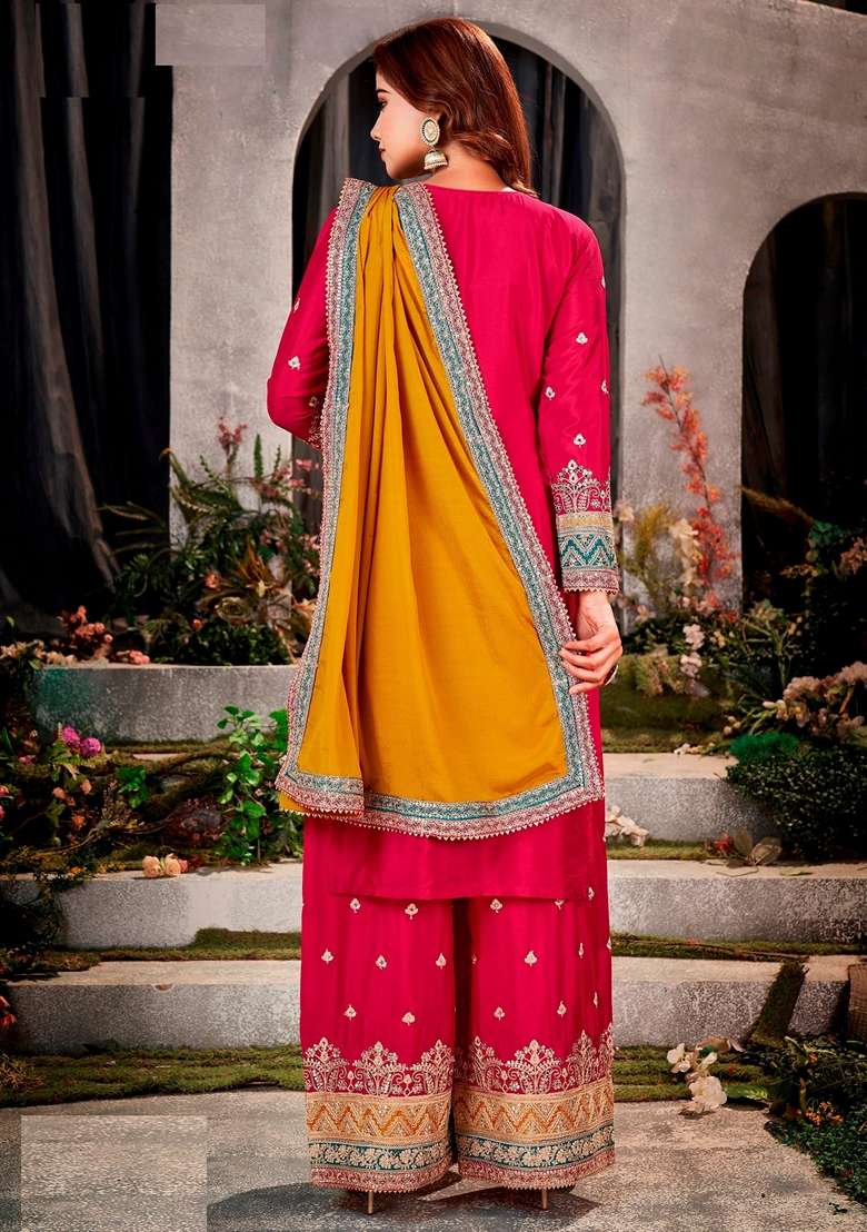 Green And Red Embroidered Poly Blend Kurta Set - Indya