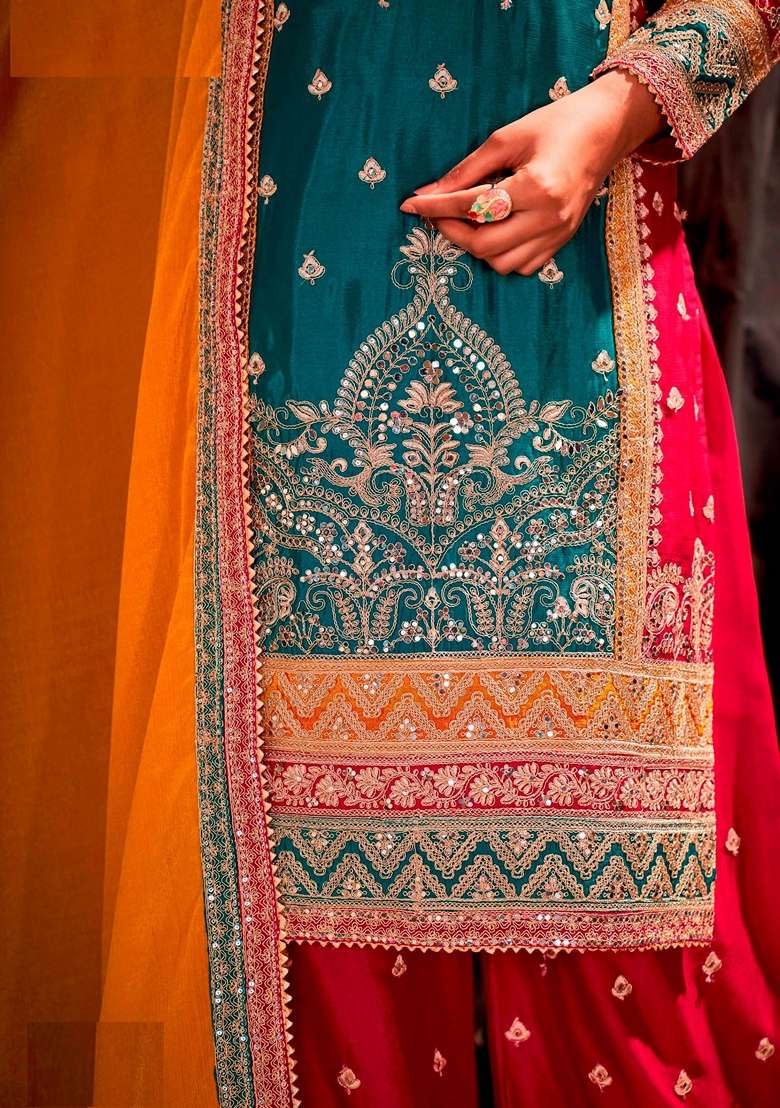 Green And Red Embroidered Poly Blend Kurta Set - Indya