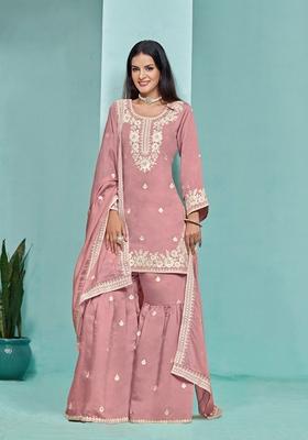 Pink Embroidered Poly Blend Kurta Set