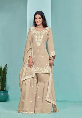 Beige Embroidered Poly Blend Kurta Set