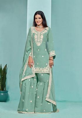 Green Embroidered Poly Blend Kurta Set
