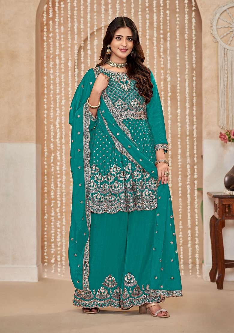 Rama Green Embroidered Poly Blend Kurta Set - Indya