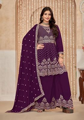 Wine Embroidered Poly Blend Kurta Set