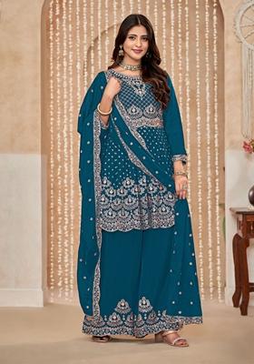 Blue Embroidered Poly Blend Kurta Set