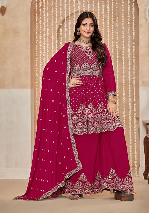 Pink Embroidered Poly Blend Kurta Set