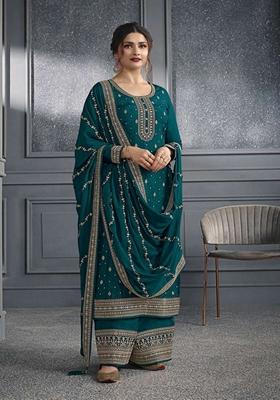 Teal Green Embroidered Poly Blend Kurta Set