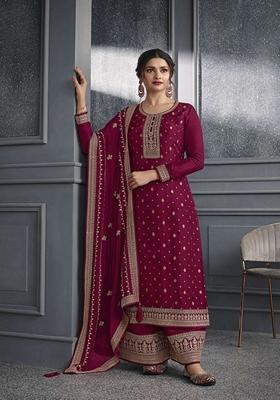 Wine Embroidered Poly Blend Kurta Set