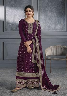 Purple Embroidered Poly Blend Kurta Set