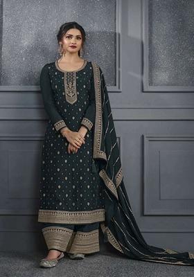 Grey Embroidered Poly Blend Kurta Set