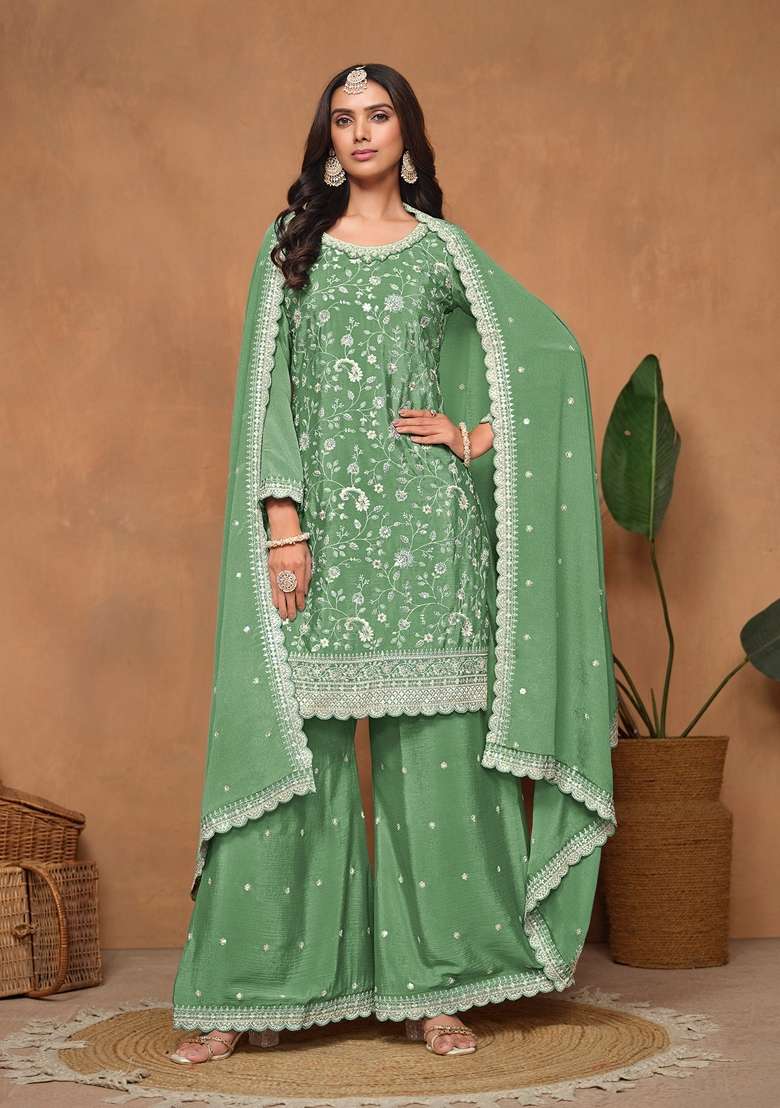 Green Embroidered Poly Blend Kurta Set - Indya