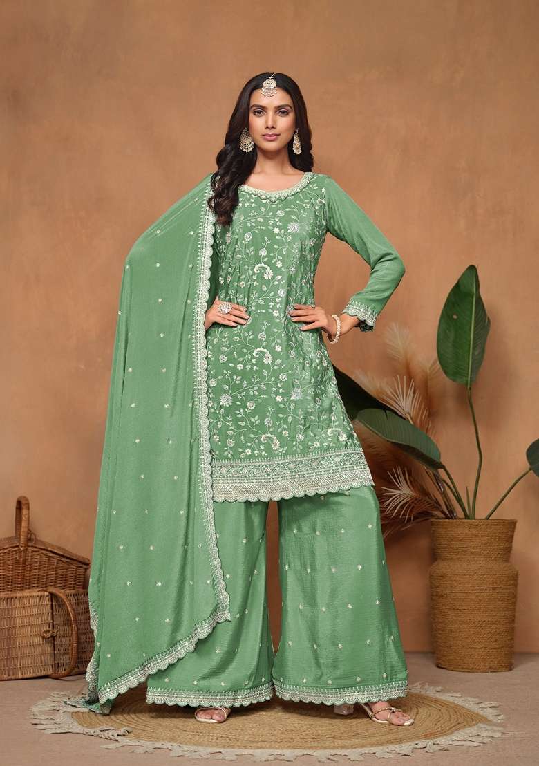 Green Embroidered Poly Blend Kurta Set - Indya