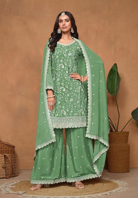 Green Embroidered Poly Blend Kurta Set