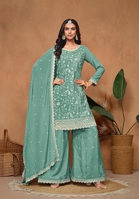 Purple Embroidered Poly Blend Kurta Set