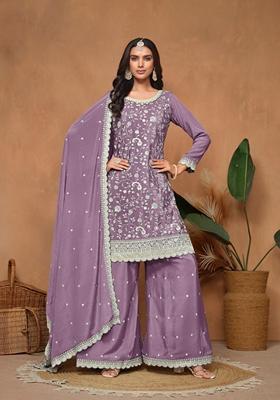 Aqua Blue Embroidered Poly Blend Kurta Set