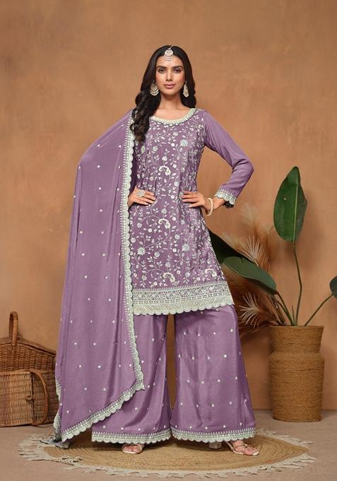 Aqua Blue Embroidered Poly Blend Kurta Set