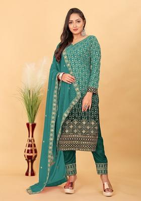 Green Embroidered Poly Blend Kurta Set